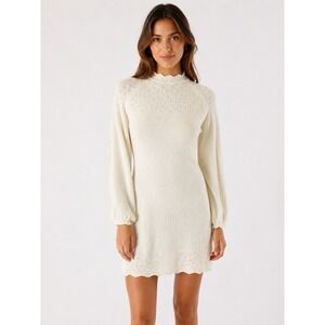 Rumored Ivory Knit Long Sleeve Dress Medium Cottagecore Romantic Pullover Mini